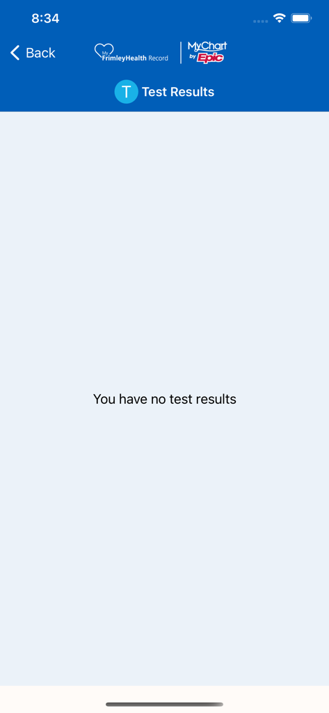MyFrimleyHealth Record - Empty test results screen in the MyFrimleyHealth Record app