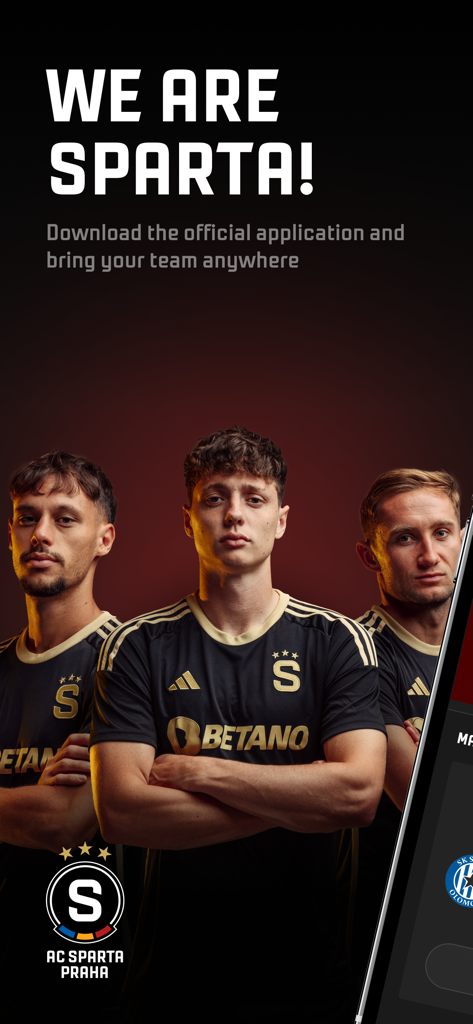 Sparta. - AC Sparta Praha official app welcome screen showing three football players and the slogan We Are Sparta.