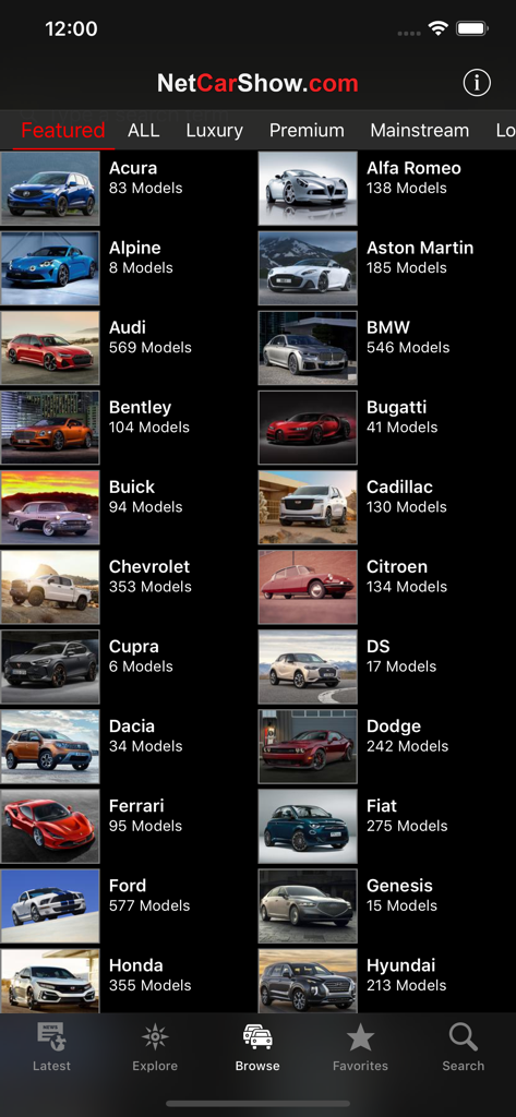 Pantalla de navegación de la aplicación NetCarShow que presenta una lista de marcas de coches con recuentos de modelos e imágenes representativas