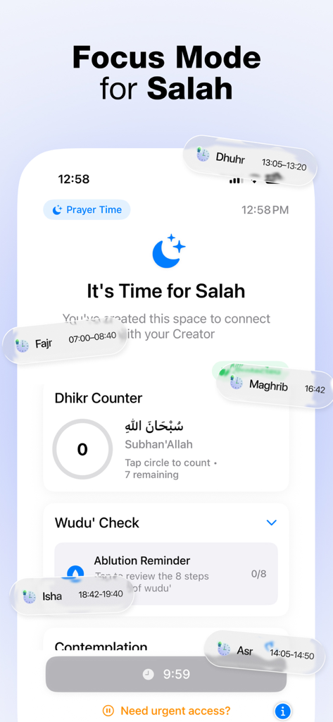 Smartphone screenshot of SalahScreen app showing the focus mode for Islamic prayers with a dhikr counter and wudu check.