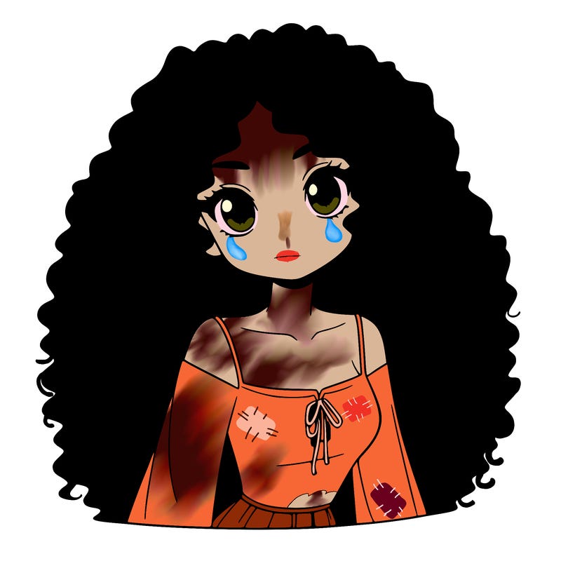 a black anime girl with long afro hair