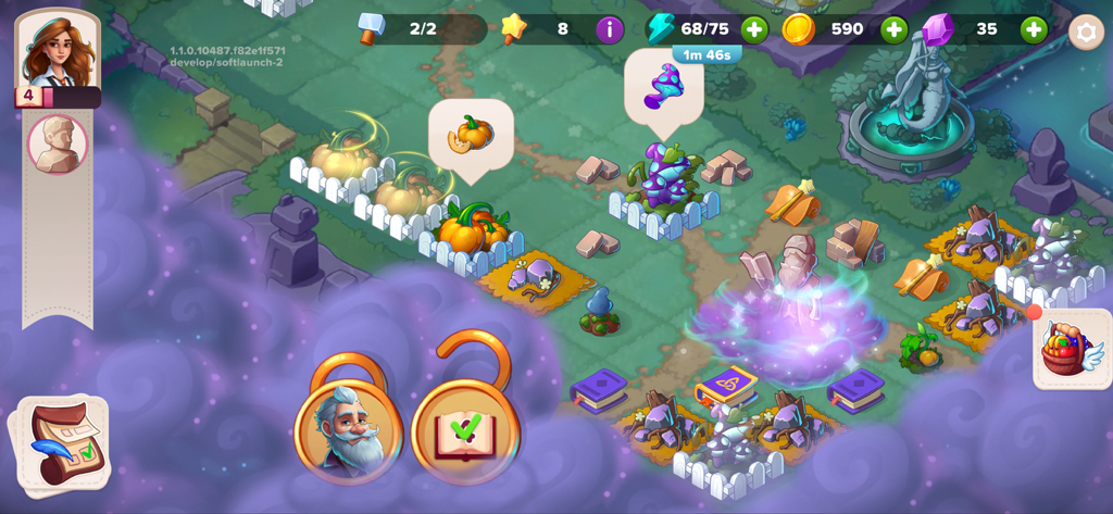 Tela de jogo de Fable Town mostrando plantas e abóboras mágicas sendo fundidas em uma grade de jardim