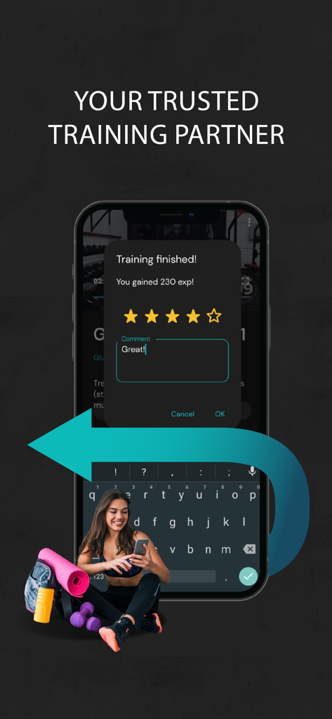 Workout completion screen showing experience points earned and star rating in the Fit by LevelUP app.