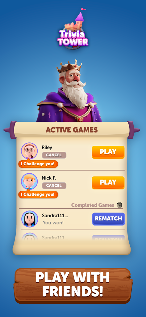 Trivia Tower screen showing active game matches and a play with friends button