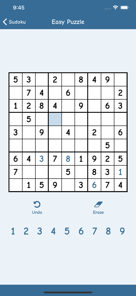 Enjoy Sudoku - Enjoy Sudoku app interface showing an easy level puzzle grid with numbers and navigation buttons