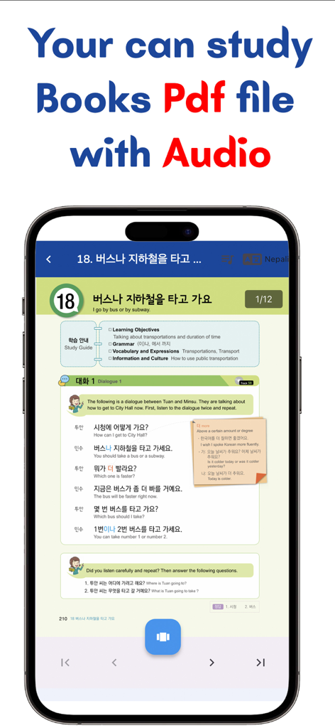 Korean language study lesson in the EPS Topik Practice app featuring audio and pdf book formats