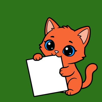 a small cat with a blank sheet of paper in its hand. the cat is sooooooo cute!