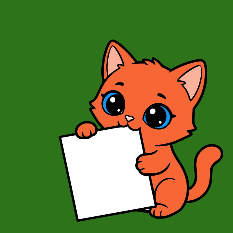 a small cat with a blank sheet of paper in its hand. the cat is sooooooo cute!