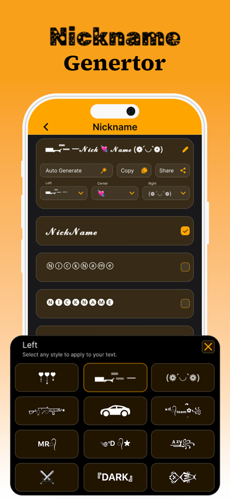 Nickname generator: Name Style - Interface of the Nickname generator app showing various fancy font styles and symbol decorations for creating gaming usernames