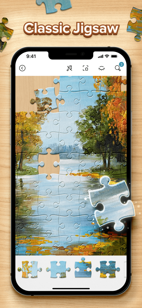 Jigsaw Puzzles: Puzzle Game HD - 조각이 맞춰지고 있는 자연 풍경의 클래식 직소 퍼즐을 보여주는 휴대폰 화면.