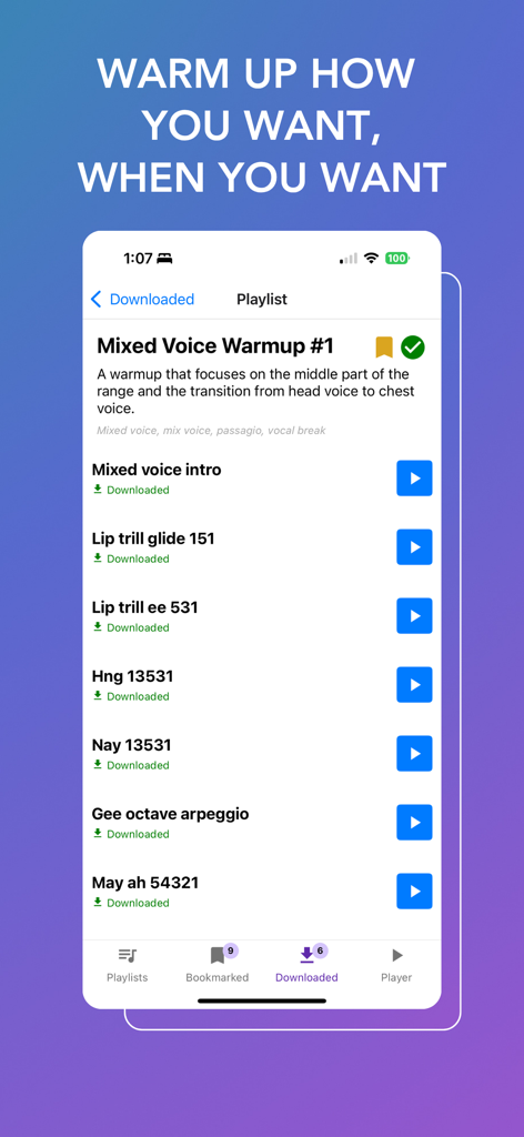 Vocal Warmups with Kathleen - Vocal Warmups with Kathleenアプリでオフラインアクセスが可能なミドルボイスのボーカルウォームアッププレイリスト。