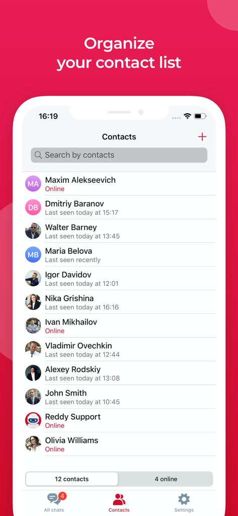 Reddy mobile app interface showing a professional contact list with online status indicators for colleagues and clients