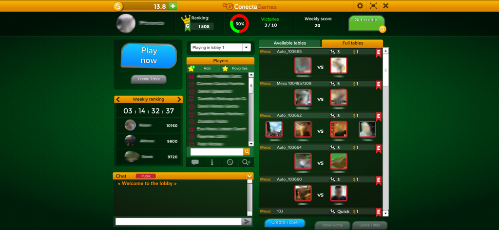 Salon du jeu de cartes Tute montrant les tables disponibles et les classements des joueurs