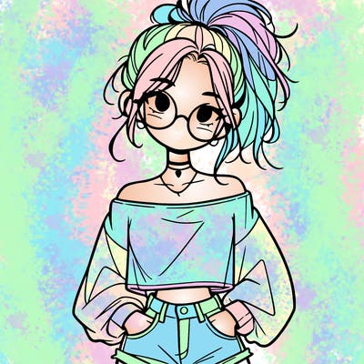 girl with a messy ponytail glasses a baggy crop top and jean shorts