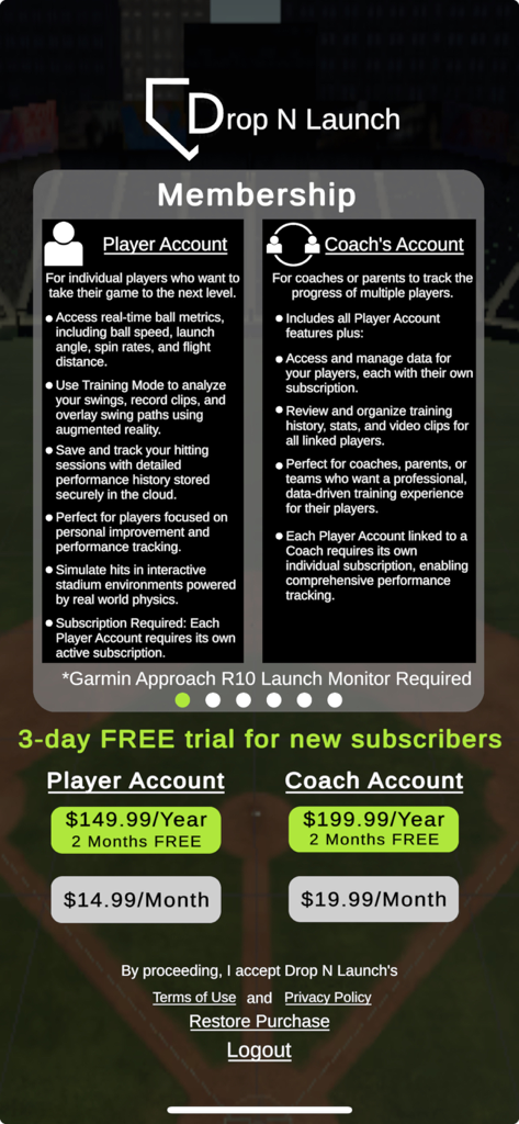 Drop N Launch - Drop N Launch membership screen showing subscription plans for Player and Coach accounts
