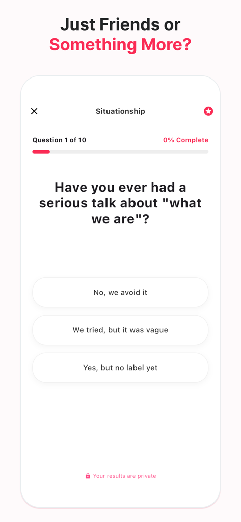 Love Test: Do they like me? - A screenshot of the Love Test app displaying a quiz question about relationship status and serious conversations.