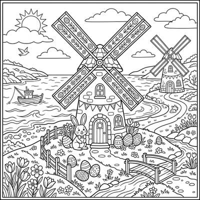 Celebrate Easter with this delightful coloring page featuring charming windmills along a vibrant coastline. Adorned with festive bunnies, decorated eggs, and blooming flowers, it's a perfect scene for creative relaxation.