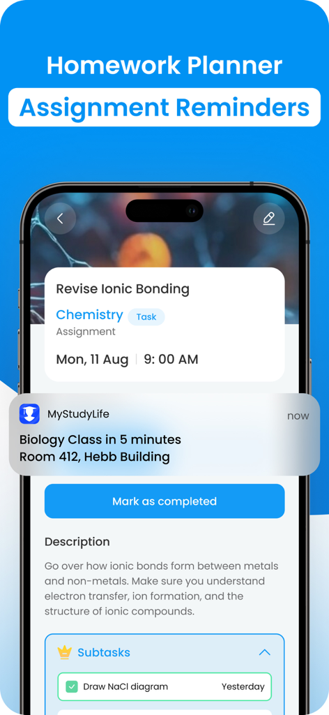 Smartphone screen showing the My Study Life app with a chemistry assignment detail and a push notification for an upcoming biology class.