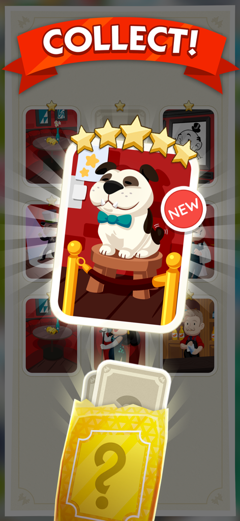 モノポリーゴーモバイルゲームで、新登場の5つ星のゴールデンドッグステッカーが収集されている様子。