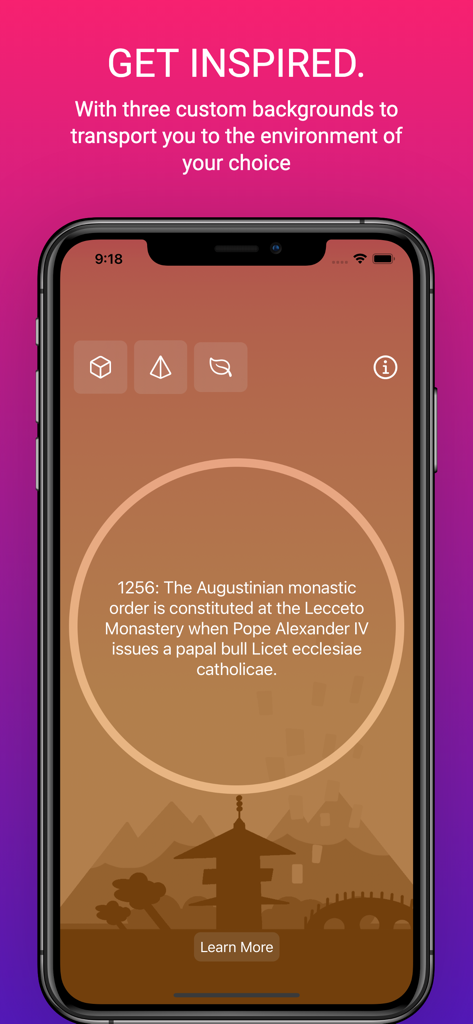 사용자 정의 팔각정 배경과 함께 아우구스티누스 수도회에 대한 사실을 보여주는 역사적 사실 앱 인터페이스