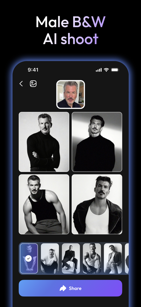 Nufa app interface showing black and white AI generated professional male portraits