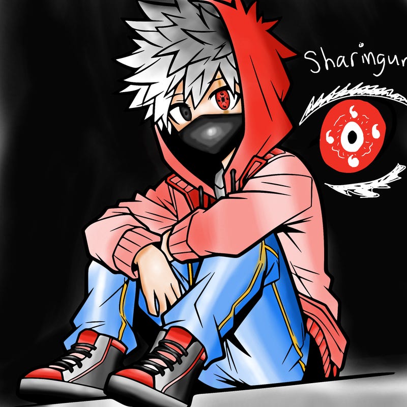 anime boy realistic with spiky hair sitting on a hill wearing a hoodie