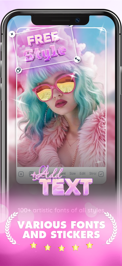 ティール色の髪の女性の画像にスタイリッシュなテキストが表示された、美的写真編集インターフェース。