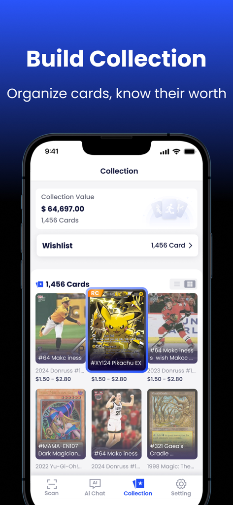 CardX app dashboard displaying total collection value and organized digital portfolio of sports and TCG cards