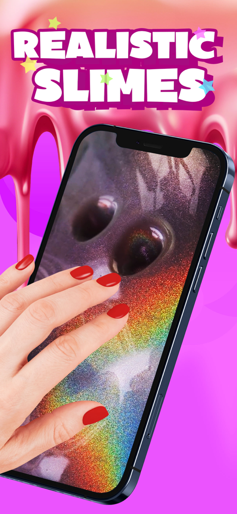 Hand interacting with realistic rainbow glitter slime on a mobile phone screen