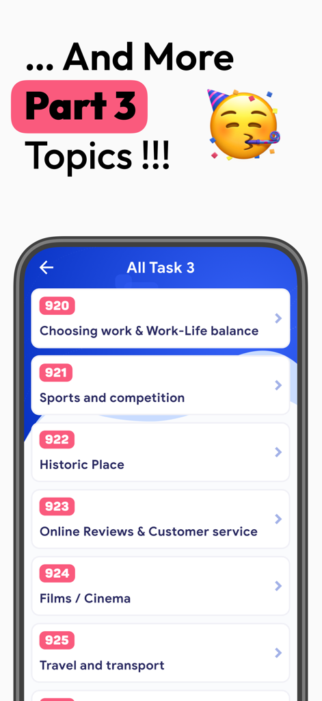 IELTS Speaking Topics - Mobile interface showing a variety of IELTS Speaking Part 3 discussion topics