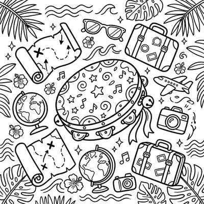 Join a vibrant journey with this exciting tambourine coloring page, packed with fun vacation and travel themes. Little adventurers will love bringing this festive scene to life with their favorite colors.