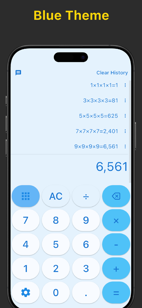 Calculator-EasyCalc,Real voice - Calculator EasyCalc mobile app interface showing a blue color theme and a list of calculation history entries on an iPhone.