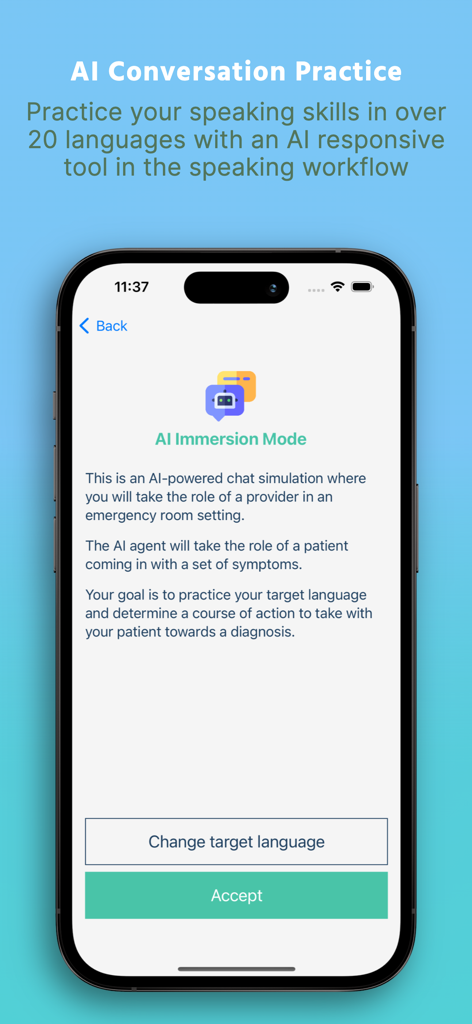 CanopySpeak Premium - CanopySpeak Premium app screenshot showing the AI Immersion Mode for clinical conversation practice with patients.