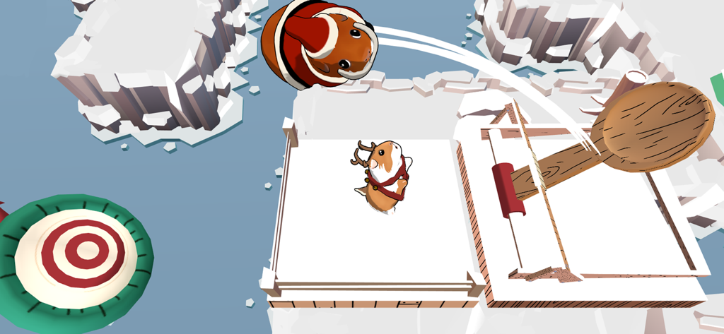 Guinea Pig Bridge! - A guinea pig in a Santa costume launched from a wooden spoon catapult in a snowy puzzle level