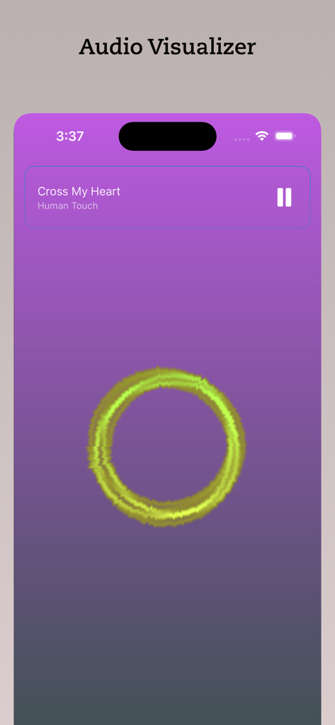 Muziqi - Pro Music Player - La app Muziqi mostrando un visualizador de audio circular amarillo sobre un fondo degradado púrpura y gris.