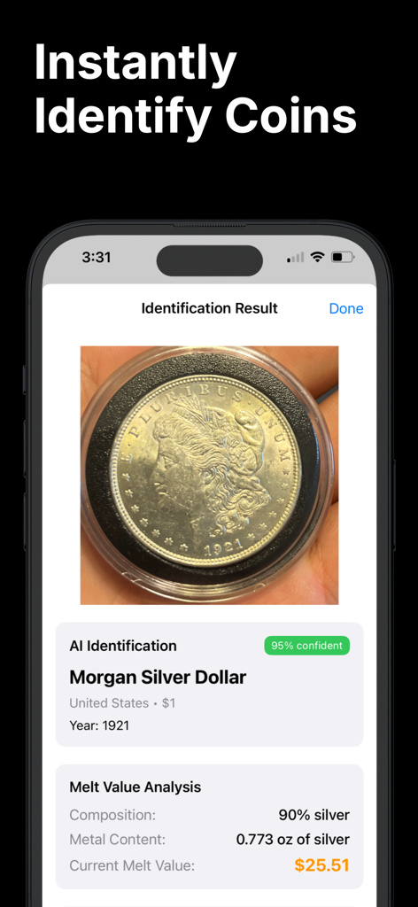 Coin Value Identifier - Una schermata di smartphone che mostra l'identificazione IA e il valore di fusione dell'argento di una moneta d'argento Morgan del 1921.