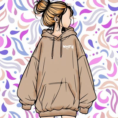 realistic girl with a oversized sweatshirt on and a bun