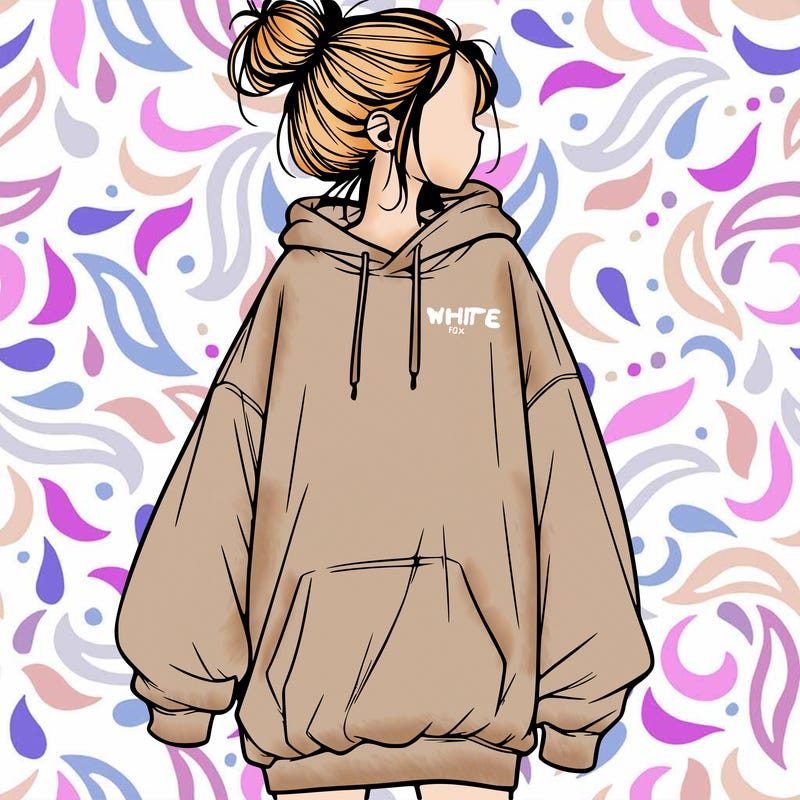 realistic girl with a oversized sweatshirt on and a bun
