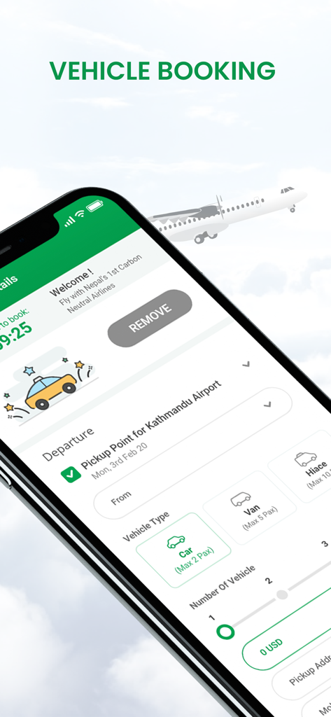 Yeti Airlines - Yeti Airlines mobile app screen for booking airport vehicle transfers in Kathmandu