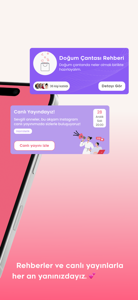 Momy: Bebek & Hamilelik Takibi - Interface de l'application de grossesse Momy montrant un guide de sac d'hôpital et une notification pour une diffusion d'expert en direct.