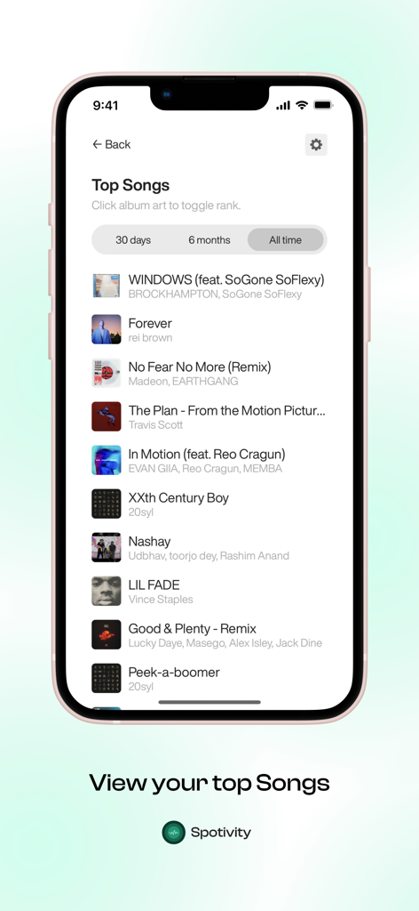Spotivity-Mobil-App-Oberfläche, die eine Liste der Top-Songs des Benutzers mit Zeitfiltern für die letzten 30 Tage, 6 Monate oder alle Zeiten anzeigt.