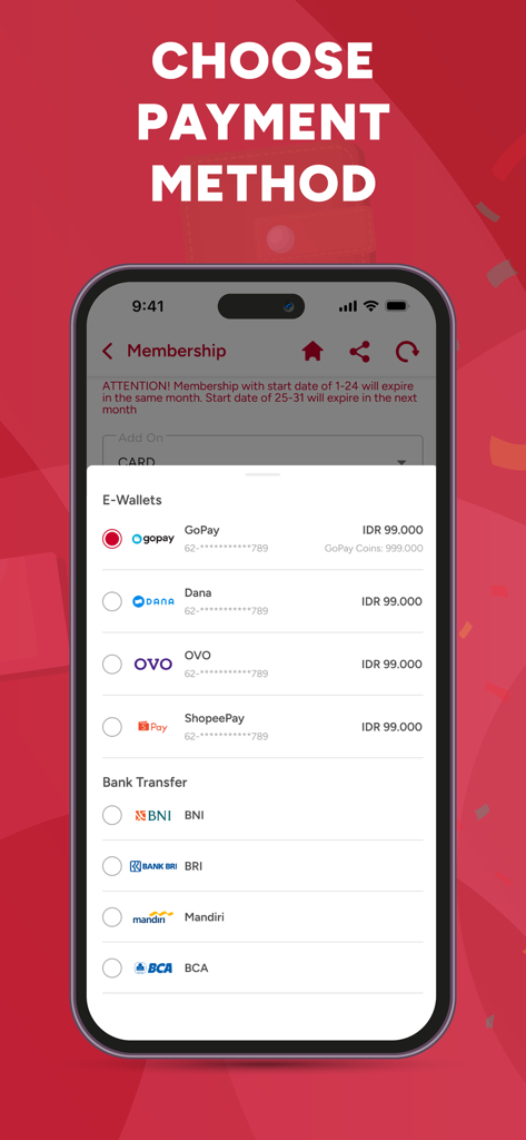 PARKEE - Pantalla de la aplicación PARKEE que muestra varios métodos de pago de billetera electrónica y transferencia bancaria para estacionamiento.