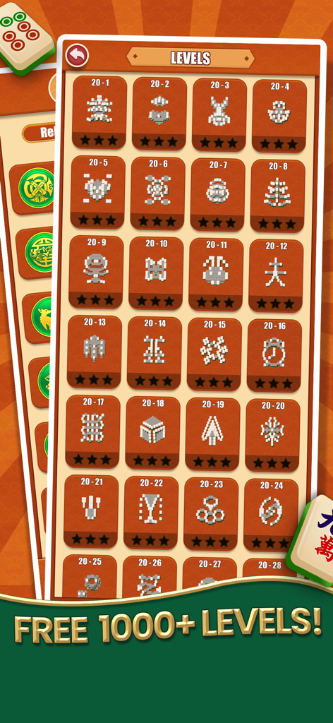 Mahjong Solitaire - Master - La aplicación Mahjong Solitaire Master muestra una cuadrícula de diferentes diseños de niveles con un banner de más de 1000 niveles gratuitos.