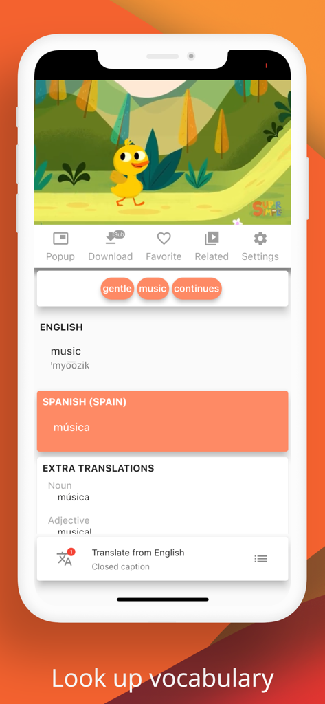 zTranslate - Translate Youtube - Captura de pantalla de la aplicación zTranslate que muestra un video con un diccionario integrado para la traducción del inglés al español
