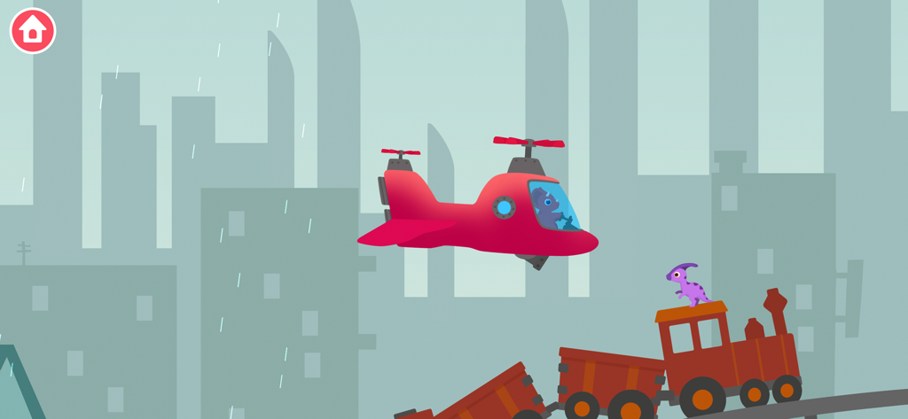 A red helicopter piloted by a dinosaur flying over a rainy city to rescue another dinosaur on a train