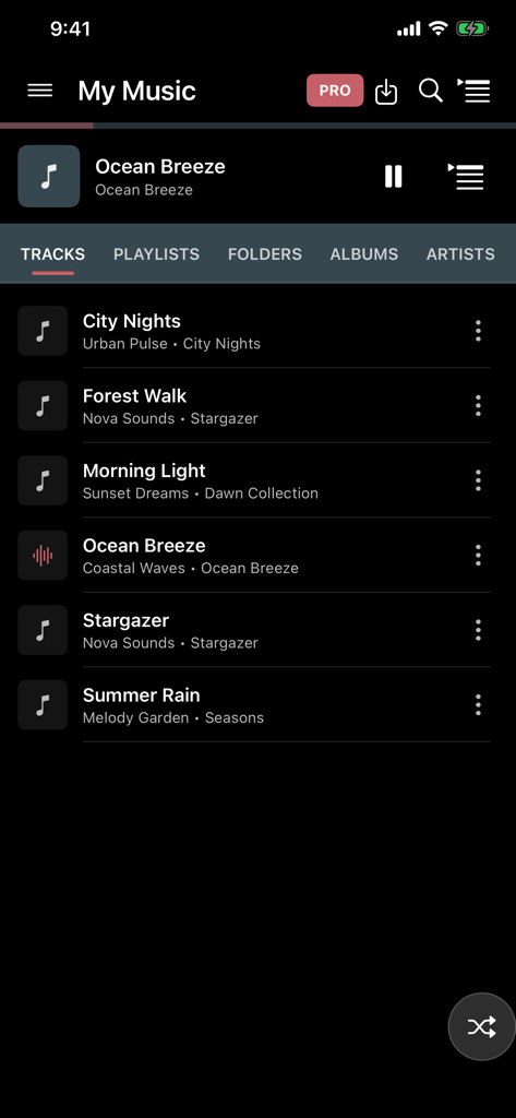 Pi Music Player - Pi Music Player interface showing a list of music tracks in the My Music section with a dark theme