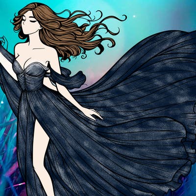 realistic woman in dress flowing the the wind