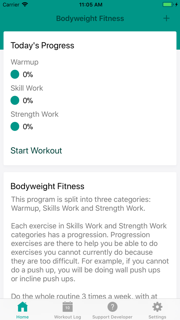 Bodyweight Fitness - Home screen of the Bodyweight Fitness app showing workout progress for warmup skill work and strength work