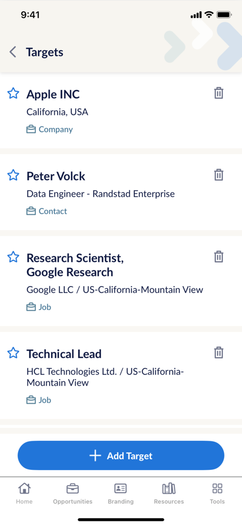 Randstad RiseSmart - A list of target companies, professional contacts, and job openings on the Randstad RiseSmart mobile app screen.