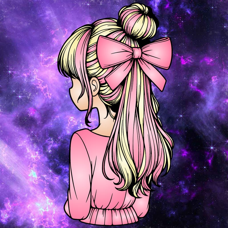 realistic girl  with hip length hair a bun and a big bow on the back of head